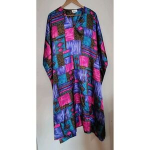 Vintage Winlar Blue Pink Print‎ Satin Kaftan Nightgown Mumu OSFM Plus Comfort